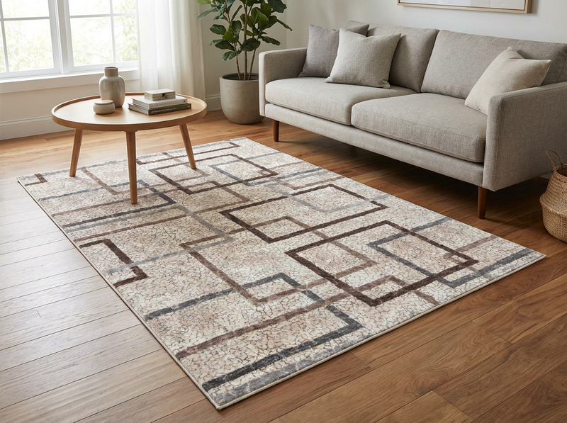 Designer-Teppich „Mokka“ – Geometrisches Quadrat-Design in Kaffeebraun & Grau